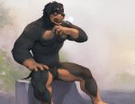  anthro belly breath canid canine canis domestic_dog featureless_crotch fog hi_res looking_aside male mammal mastiff molosser muscular_arms muscular_legs null panting pecs plant rottweiler sitting soft_abs solo teeth vu06 