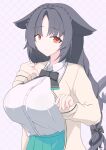  1girl absurdres animal_ears argyle argyle_background azur_lane black_hair black_ribbon blouse breasts cat_ears cat_girl cat_tail cowboy_shot eyebrows_visible_through_hair green_skirt hair_between_eyes highres large_breasts long_hair long_sleeves looking_at_viewer necktie official_alternate_costume ooshio_(azur_lane) ooshio_(let&#039;s_&#039;ave_lunch)_(azur_lane) pink_background red_eyes ribbon school_uniform shirt skirt solo tail tip_pie uniform white_shirt 