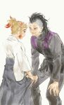  2boys black_hair black_jacket black_pants blonde_hair closed_mouth clothes_grab colored_tips demon_slayer_uniform eye_contact feet_out_of_frame grey_hakama hakama height_difference highres hunched_over jacket japanese_clothes kimetsu_no_yaiba long_hair long_sleeves looking_at_another mak_(kainemaru) male_focus mohawk multicolored_hair multiple_boys pants parted_lips profile red_eyes red_hair rengoku_senjurou scar scar_on_face scar_on_nose shinazugawa_genya shy sidelocks simple_background smile standing streaked_hair vest 