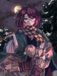  1girl baggy_pants boots brown_pants checkered_clothes checkered_scarf cloud commentary commentary_request dark_clouds eyebrows_visible_through_hair forest full_moon futatsuiwa_mamizou futatsuiwa_mamizou_(human) glasses green_kimono hand_on_own_knee highres holding holding_smoking_pipe japanese_clothes kimono looking_at_viewer medium_hair moon nature open_mouth outdoors pants pom_pom_(clothes) purple-framed_eyewear purple_footwear purple_hair scarf sitting smile smoking_pipe snowing solo sutaku77224 touhou tree wide_sleeves 