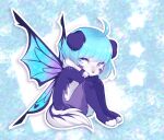  ambiguous_gender anthro blue_eyes blue_hair canid canine canis chepi_(chepi~) crossed_arms digital_media_(artwork) domestic_dog faenine fairy floppy_ears fur hair heart_(marking) hybrid insect_wings ivonchee lepidopteran_wings looking_at_viewer mammal purple_body purple_fur sitting solo white_body white_fur wings 