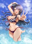  1girl bangs barefoot bikini black_hair breasts cloud cloudy_sky full_body highres idolmaster idolmaster_million_live! idolmaster_million_live!_theater_days jewelry kakiken large_breasts long_hair looking_at_viewer navel necklace open_mouth red_eyes sky smile solo sparkle striped striped_bikini swimsuit takayama_sayoko v volleyball 