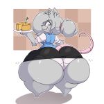  2022 anthro big_butt bottom_heavy bottomwear breasts butt butt_focus cheese clothed clothing dairy_products digital_media_(artwork) elisa_(maddeku) eyelashes female food fur grey_body grey_fur grey_hair hair hi_res huge_butt huge_hips huge_thighs hyper hyper_butt hyper_hips hyper_thighs looking_at_viewer looking_back mammal murid murine overweight overweight_female rat rear_view rodent simple_background skirt solo spiralingstaircase thick_thighs tongue tongue_out underwear wide_hips 