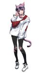  1girl absurdres animal_ears avatar_(ff14) bangs black_legwear cat_ears cat_girl cat_tail eyebrows_visible_through_hair facial_mark fanny_pack final_fantasy final_fantasy_xiv hand_in_pocket hand_up highres jacket long_sleeves looking_at_viewer miqo&#039;te open_clothes open_jacket open_mouth pantyhose ponytail purple_eyes purple_hair shirt shisantian shoes simple_background smile solo standing tail torn_clothes torn_legwear whisker_markings white_background white_footwear white_jacket white_shirt 