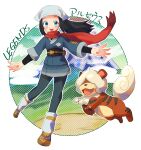  1girl :d absurdres akari_(pokemon) black_hair black_pants blue_eyes copyright_name floating_hair galaxy_expedition_team_survey_corps_uniform highres hisuian_growlithe long_hair long_sleeves looking_at_viewer open_mouth outstretched_arms pants pokemon pokemon_(creature) pokemon_(game) pokemon_legends:_arceus red_scarf scarf smile solo white_headwear yukko_e 