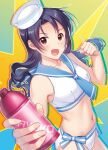  1girl black_hair bottle breasts cowboy_shot dixie_cup_hat hat idolmaster idolmaster_million_live! long_hair looking_at_viewer medium_breasts midriff military_hat navel open_mouth red_eyes sailor_bikini sailor_collar sailor_swimsuit_(idolmaster) solo takayama_sayoko touon water_bottle 