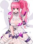  1girl alternate_costume black_eyes breasts cleavage cleavage_cutout clothing_cutout eyelashes ghost holding holding_syringe joman large_breasts one_piece perona pink_hair side_ponytail straddling syringe twitter_username white_headwear 