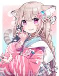  +_+ 1girl 2022 animal_ear_fluff animal_ears animal_print artist_name bandaid bangs blush_stickers braid brown_hair butterfly_hair_ornament chinese_zodiac chon_(chon33v) claw_pose ear_notch grin hair_ornament hair_ribbon highres jacket japanese_clothes kimono long_sleeves looking_at_viewer multicolored_hair nail_art nail_polish new_year original pink_eyes plaid puffy_long_sleeves puffy_sleeves ribbon sharp_teeth smile solo sticker_on_face streaked_hair tail teeth tiger_ears tiger_girl tiger_print tiger_tail twin_braids writing_on_hand year_of_the_tiger 