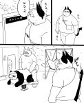 2022 absurd_res anthro balls belly big_belly blindfold blush bodily_fluids bonedra bottomwear canid canine canis clothing comic domestic_dog genitals giant_panda group hi_res japanese_text kemono male mammal overweight overweight_male penis sex shirt shorts sweat text topwear ursid walking 