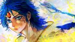  1boy aladdin_(magi) blue_eyes blue_hair circlet close-up closed_mouth colored_eyebrows floating_hair highres kyezzzz magi_the_labyrinth_of_magic ponytail smile solo 