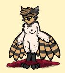 2026 aliasing anthro avian beak bedroom_eyes bird bizart bottomless breasts brown_body brown_feathers claws clothed clothing coat coat_only digital_media_(artwork) elaine_(bizart) feathers featureless_crotch feet female fur_coat grey_body grey_feathers greying_hair hair half-closed_eyes hi_res looking_at_viewer mature_anthro mature_female narrowed_eyes non-mammal_breasts nude owl presenting presenting_breasts pygmy_owl seductive semi-anthro simple_background smile talons toes topwear topwear_only true_owl undressing white_body white_feathers winged_arms wings yellow_eyes