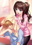  1boy 1girl \||/ black_pants blonde_hair blue_eyes blue_shirt blurry blurry_background blush brown_hair clenched_teeth closed_eyes commission cowboy_shot drying drying_another's_hair drying_hair frown hair_between_eyes hair_intakes hair_ornament hair_scrunchie hand_up hands_on_another's_head hands_up hetero highres hood hood_down hoodie indoors jpeg_artifacts kanon kitagawa_jun long_hair looking_at_another misaka_kaori open_mouth orange_scrunchie pants pink_hoodie ponytail scrunchie second-party_source shirt short_hair short_sleeves sidelocks skeb_commission sleeves_past_wrists t-shirt teeth towel towel_on_head upper_body upper_teeth_only v-shaped_eyebrows wavy_hair wet zen_(kamuro) 