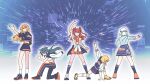  5girls ? bakuage_sentai_boonboomger black_hair blonde_hair braid campus_mode!!_(idolmaster) clothes_around_waist fujita_kotone gakuen_idolmaster hanami_saki hand_on_floor highres idolmaster jacket jacket_around_waist jacket_on_shoulders katsuragi_lilja long_hair midriff multiple_girls on_one_knee orange_hair pants parody pose_imitation raised_fist red_hair scrunchie seal_007 shiun_sumika shoes skirt smile sneakers super_sentai tsukimura_temari white_hair wrist_scrunchie 