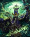  1boy armor bone bone_armor book clawed_gauntlets commentary emaciated energy english_commentary from_below gauntlets ghost giant glowing glowing_eyes green_eyes green_sky helmet highres holding holding_book holding_sword holding_weapon horror_(theme) julia-zolotareva lich male_focus midriff nagash necromancer painting_(medium) purple_armor purple_helmet shoulder_armor skull sky solo stitched_torso stitches sword traditional_media undead upper_body warhammer:_age_of_sigmar weapon 