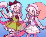  :d alternate_costume backpack bag blue_background blue_eyes bow commentary english_commentary floral_print ghost hat highres konpaku_youmu konpaku_youmu_(ghost) looking_at_viewer molly_yancey red_bow smile sword touhou weapon white_hair 