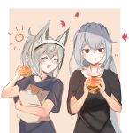  2girls absurdres alternate_costume animal_ears arknights bag bangs black_shirt blue_shirt blush breasts burger closed_mouth commentary_request food french_fries grani_(arknights) grey_hair hair_between_eyes highres holding holding_bag holding_food horse_ears long_hair looking_at_another multiple_girls namsek open_mouth ponytail red_eyes shirt skadi_(arknights) smile upper_body 