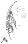  .hack// .hack//cell arrow_(symbol) bad_id commentary_request greyscale lowres monochrome mutsuki_akira no_humans object_focus official_art ornate_weapon reference_sheet sword traditional_media translation_request weapon weapon_focus 