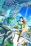  1girl aircraft airplane bare_shoulders barefoot bikini black_hair blue_sky braid braided_twintails breasts chair choppy_bangs cleavage clothes_hanger cloud commentary_request curtains drink dutch_angle eating electric_fan fish fishbowl flower food full_body gingham_bikini gingham_clothes glass green_bikini hair_flower hair_ornament hand_up hat highres holding holding_food holding_popsicle indoors innertube jet_airliner leaf linea_alba long_hair looking_at_viewer medium_breasts midriff navel on_chair open_mouth orange_eyes original plant popsicle potted_plant sitting sky slice_of_life slippers solo soy_sauce_bottle straw_hat summer swim_ring swimsuit table tray twin_braids unworn_hat unworn_headwear unworn_slippers user_hwmk2727 vase window yellow_flower 