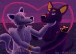 2026 abs adastra adastra_(series) anthro black_body blue_eyes bracelet canid canine canis cassius_(adastra) dated digital_media_(artwork) duo echo_project egyptian fur gold_(metal) gold_bracelet gold_jewelry golden_markings heart_symbol hi_res holding_arm holidays jackal jewelry krita_(artwork) male male/male mammal necklace neferu_(adastra) pecs red_eyes sea signature tail valentine's_day violet_foxytosin water white_body wolf