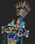  1boy absurdres armor arms_up black_armor black_helmet bone bone_armor cape clawed_gauntlets emaciated fallen-trid glowing glowing_eyes grey_background helmet highres lich male_focus midriff nagash shoulder_armor skull stitched_torso stitches torn_cape torn_clothes undead warhammer:_age_of_sigmar warhammer_fantasy 