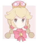  1girl artist_name blonde_hair bow braid chocomiru commentary crown dress earrings english_commentary jewelry long_hair looking_at_viewer mario_(series) new_super_mario_bros._u_deluxe open_mouth paint.net_(medium) peachette pink_background pink_bow pink_dress smile solo sparkle super_crown twin_braids twintails upper_body 