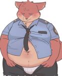  2022 absurd_res anthro belly big_belly blush bulge canid canine clothing hi_res humanoid_hands jamiephut kemono male mammal navel necktie overweight overweight_male police police_uniform shirt simple_background solo topwear underwear uniform 