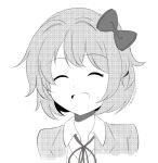  1girl border bow chocomiru collared_shirt commentary doki_doki_literature_club english_commentary eyebrows_visible_through_hair jacket monochrome neck_ribbon open_clothes open_jacket ribbon sayori_(doki_doki_literature_club) school_uniform shirt short_hair sketch smile solo unfinished upper_body wavy_hair white_border white_shirt 