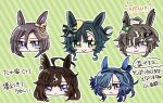  5girls admire_groove_(umamusume) ahoge air_groove_(umamusume) animal_ears artist_request blue_hair bow brown_hair commentary_request duramente_(umamusume) ear_bow ear_chain ear_ornament ears_through_headwear green_eyes green_hair hair_between_eyes hair_ornament hair_over_one_eye hat horse_ears horse_girl kiseki_(umamusume) linked_piercing long_hair looking_at_viewer multicolored_hair multiple_girls piercing purple_eyes rulership_(umamusume) short_hair translation_request umamusume umamusume_horse_relations white_hair yellow_bow 