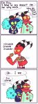  2022 3_panel_comic absurd_res anthro artist_name asmodeus_(helluva_boss) avian avian_demon bird blitzo_(helluva_boss) blue_body blue_clothing blue_feathers blue_shirt blue_topwear bucket_of_chicken chicken_meat clothing clown_costume comic constricted_pupils demon dialogue eating eating_food eating_meat english_text feather_hair feathers fizzarolli_(helluva_boss) food forehead_tattoo fried_chicken galliform glaring green_eyes green_onesie group hand_on_butt hat headgear headwear hellaverse helluva_boss hi_res hiding_behind_another horn humanoid imp index_to_index male meat norithelord onesie passive_aggressive phasianid pseudo_hair pupils red_body red_eyes red_skin scared shirt small_hands small_pupils striped_horn stripes text top_hat topwear trio watermark 