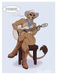 anthro boots boots_only breasts chair clothing convenient_censorship country_girl cowboy_boots cowboy_hat crossed_legs darkthorns dialogue disney felid female footwear footwear_only furniture guitar hat hat_only headgear headgear_only headwear headwear_only hi_res kerchief kerchief_only lion mammal mostly_nude music musical_instrument neckerchief neckerchief_only neckwear pantherine plucked_string_instrument shoes sitting solo strategically_covered string_instrument the_lion_king zira_(the_lion_king)