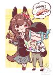  2girls absurdres animal_ears bag baseball_cap black_dress blue_hair blue_scarf breasts brown_hair closed_mouth dress ear_covers food gentildonna_(umamusume) glasses grey_pants hair_between_eyes hair_ornament hat heart-shaped_ornament heart_ear_ornament highres holding holding_ice_cream_cone holding_menu horse_ears horse_girl horse_tail ice_cream_cone long_hair long_sleeves menu multiple_girls official_alternate_costume pants red_eyes scarf shirt shoulder_bag smile spoken_food sushi tail takatsuki_nato umamusume white_shirt 