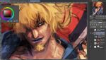  1boy art_program_in_frame attyrocious blonde_hair blue_eyes commentary facial_hair goatee guitar hair_over_one_eye holding holding_guitar holding_instrument instrument killer_(one_piece) long_hair looking_to_the_side male_focus one_piece purple_lips smile solo untranslatable_commentary 