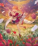  1girl absurdres ankle_boots apron bird boots braid breasts cleavage collar company_name copyright_logo corset dirndl dress earrings falling_feathers falling_petals feather_earrings feathers field flower flower_field framed_breasts frilled_collar frilled_dress frills german_clothes half_up_braid highres hololive hololive_english horizon huke jewelry large_breasts layered_dress light_particles logo long_hair long_sleeves looking_at_viewer official_art orange_hair outdoors outstretched_arms pantyhose petals phoenix pink_eyes red_boots red_dress second-party_source smile solo standing standing_on_one_leg swept_bangs takanashi_kiara takanashi_kiara_(drawn_to_dawn) tiptoes virtual_youtuber waist_apron white_apron white_corset white_pantyhose wide_sleeves 