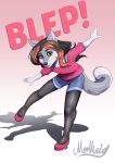  2022 absurd_res anthro blep blue_bottomwear blue_clothing blue_shorts bottomwear canid clothing english_text female footwear fur grey_body grey_fur hi_res looking_at_viewer mammal moomaid on_one_leg pink_clothing pink_footwear pink_shirt pink_shoes pink_topwear shirt shoes shorts solo standing text tongue tongue_out topwear yellow_eyes zaros 
