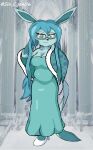  absurd_res anthro big_breasts blue_eyes breasts canid canine clothed clothing digital_media_(artwork) dress eeveelution eyewear female fox fur glaceon hair hi_res high_heels looking_at_viewer mammal neelu_(sin_cyan06) nintendo pok&eacute;mon pok&eacute;mon_(species) sin_cyan06 sin_teal smile solo video_games 