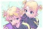  1boy 1girl :&gt; ahoge annoyed bandaid bandaid_on_face bandaid_on_nose bangs blonde_hair blue_eyes bunny_hair_ornament flipped_hair hair_ornament hair_tie_in_mouth hairclip highres holding holding_mirror jacket jitome kagamine_len kagamine_rin long_sleeves looking_at_another mirror mouth_hold naimaze_atakamo open_clothes parted_bangs short_hair short_twintails sleeves_past_wrists smile thick_eyebrows track_jacket twintails tying_hair v-shaped_eyebrows vocaloid 