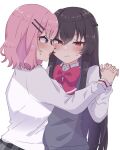  1nnsai 2girls absurdres amaori_renako black_hair blush bow bowtie braid collared_shirt commentary grey_sweater_vest half_up_braid highres holding_hands interlocked_fingers koto_satsuki long_hair medium_hair multiple_girls open_mouth pink_bow pink_bowtie pink_hair purple_eyes red_eyes shirt simple_background sweat sweater_vest watashi_ga_koibito_ni_nareru_wake_naijan_murimuri! white_background white_shirt yuri 
