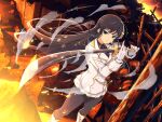  1girl black_hair black_pantyhose black_shirt blue_eyes blue_necktie blush boots breasts building burning burning_building buttons destruction double-breasted embers fire game_cg gloves gold_trim hime_cut holding holding_sword holding_weapon ikaruga_(senran_kagura) jacket large_breasts long_hair long_sleeves looking_at_viewer miniskirt necktie official_art ootachi outdoors pantyhose ruins school_emblem school_uniform senran_kagura senran_kagura_new_link serious shirt skirt smoke solo standing sword tsuba_(guard) v-shaped_eyebrows very_long_hair weapon white_boots white_gloves white_jacket white_skirt 