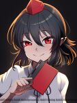  1girl ashiroku_(miracle_hinacle) black_background black_hair closed_mouth commentary hair_between_eyes hat highres holding holding_notebook looking_at_viewer notebook pointy_ears red_eyes red_hat shameimaru_aya short_hair smile solo tokin_hat touhou upper_body 