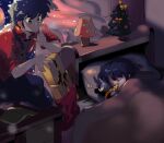  1girl angry bed black_hair book bow christmas christmas_tree closed_eyes gift head_on_pillow lamp p-chan pig ranma_1/2 ranmaranma00 saotome_ranma sleeping snow tendou_akane yellow_bow 