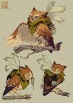  animal backpack bag bird bird_wings branch brown_bag english_commentary feathered_wings full_body glass_bottle green_eyes highres looking_at_viewer mouth_hold murayama_ryouta no_hat no_headwear open_mouth original owl simple_background wings 