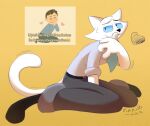 2026 accessory anthro black_nose blue_eyes blue_necktie bodily_fluids bottomwear clothed clothing colored digital_media_(artwork) domestic_cat felid feline felis fur heart_symbol hi_res long_legs male mammal mature_anthro mature_male necktie nervous nervous_smile nervous_sweat pants pinkish-cat reference_image_at_source seraphim_smith_(pinkish-cat) shirt shy simple_background sitting skinny skinny_male smug smug_face solo sweat tail tail_motion toony topwear white_body white_fur yellow_background