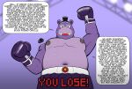  animatronic anthro bodily_fluids boxing_gloves clothed clothing common_hippopotamus handwear hi_res hippopotamid humor hunter-husky machine mammal mr_hippo_(fnaf) musclegut nipples open_mouth purple_eyes robot sweat tl;dr topless 
