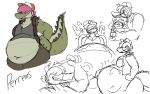  alligator alligatorid anthro belly big_belly bloated burping canid canine canis clothed clothing crocodilian curvy_figure digital_media_(artwork) domestic_dog duo english_text eyes_obstructed female green_body hair hat headgear headwear hi_res huge_belly jad_(jayme_universe) jayme_universe larger_male male male/female mammal monochrome navel open_mouth oral_vore overweight overweight_anthro pink_hair reptile rumbling_stomach scalie simple_background size_difference sketch smaller_female smile solo sound_effects tail teeth text thick_thighs tongue voluptuous voluptuous_male vore 