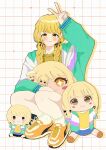  1girl :3 absurdres blonde_hair blush braid character_doll chibigurumi commentary_request doll fujita_kotone gakuen_idolmaster grid_background highres idolmaster jacket kili_(jcyu5878) long_hair looking_at_viewer multicolored_jacket orange_shoes shoes sneakers squatting twin_braids v yellow_eyes 