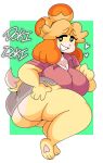  &lt;3 &lt;3_eyes animal_crossing anthro big_breasts big_butt blonde_hair bottomwear breasts butt canid canine canis clothed clothing dipstick_tail domestic_dog english_text female hair hand_on_butt hi_res huge_breasts huge_butt isabelle_(animal_crossing) lewd_dorky looking_at_viewer mammal markings nintendo shih_tzu shirt skirt smile solo tail_markings text thick_thighs topwear toy_dog video_games yellow_body 
