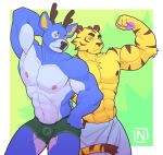  2022 abs absurd_res animal_crossing anthro antlers bam_(animal_crossing) barazoku biceps big_muscles border cervid clothing duo eyebrows felid flexing fur green_background hand_behind_head hi_res horn logo looking_at_viewer male mammal muscular muscular_anthro muscular_male narrowed_eyes navel ni_draw nintendo nipples obliques pantherine pecs simple_background standing tiger towel tuft tybalt_(animal_crossing) underwear video_games watermark white_border 