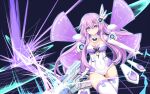  1girl bare_shoulders blue_eyes blush breasts cleavage closed_mouth commentary_request cowboy_shot elbow_gloves gloves hair_between_eyes hair_ornament highres leotard long_hair looking_at_viewer marutae medium_breasts neptune_(series) power_symbol purple_hair purple_sister serious solo symbol-shaped_pupils thighhighs 