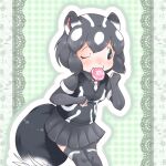  1girl black_eyes black_hair black_skirt black_sweater black_thighhighs commentary eating fingerless_gloves food food_in_mouth food_on_face gloves highres japari_bun japari_symbol kemono_friends multicolored_hair necktie one_eye_closed plaid_background purple_hippo self-upload short_hair short_sleeves skirt skunk_ears skunk_girl skunk_tail spotted_skunk_(kemono_friends) striped_clothes sweater thighhighs untranslatable_commentary white_hair white_necktie 