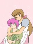  1boy 1girl ;) apron black_eyes bonjirygushi brown_hair closed_mouth commentary_request crossdressing crossdressing_(mtf) frilled_apron frills fujinami_ryuunosuke green_shirt heart heart_background hetero highres hug low_ponytail one_eye_closed pink_background pink_hair ponytail puffy_short_sleeves puffy_sleeves shiowatari_nagisa shirt short_sleeves smile urusei_yatsura white_apron 